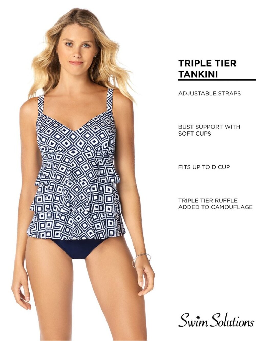 Swim Solutions Womens Double Play Metallic Print Tiered Tankini Top - Picture 2 of 2